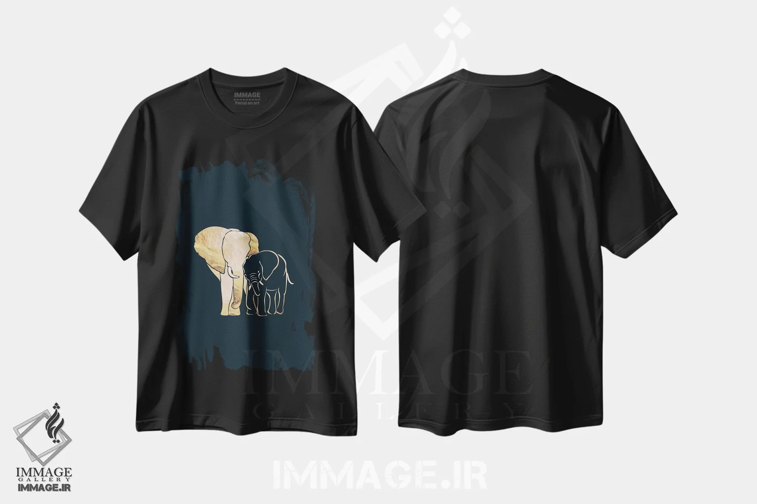 تیشرت مشکی طرح دار – تیشرت حیوانات ,فیل ها : سیلوئت طلایی روی زمینهٔ سیاه اثر سارا مانوفسکی فروشگاه ایماژ