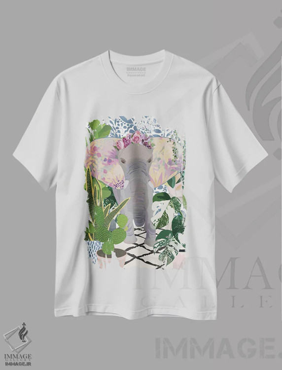 تیشرت سفید طرح دار – تیشرت حیوانات ,فیل با گیاهان خانگی اثر سارا مانوفسکی فروشگاه ایماژ