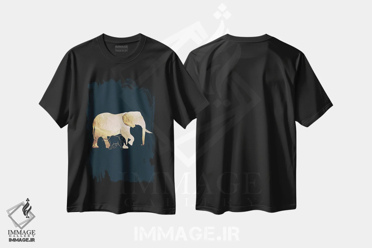 تیشرت مشکی طرح دار – تیشرت حیوانات ,فیل ها : سیلوئت طلایی روی زمینهٔ سیاه اثر سارا مانوفسکی immage.ir
