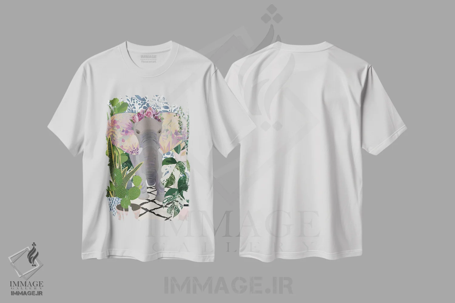 تیشرت سفید طرح دار – تیشرت حیوانات ,فیل با گیاهان خانگی اثر سارا مانوفسکی فروشگاه ایماژ