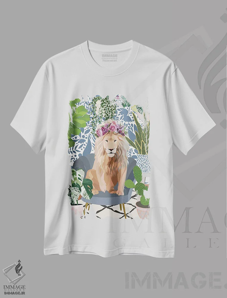 تیشرت سفید طرح دار – تیشرت حیوانات ,شیر با گیاهان خانگی اثر سارا مانوفسکی فروشگاه ایماژ