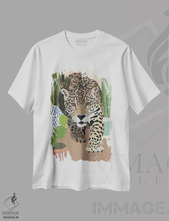 تیشرت سفید طرح دار – تیشرت حیوانات ,پلنگ کاکتوس اثر سارا مانوفسکی immage.ir