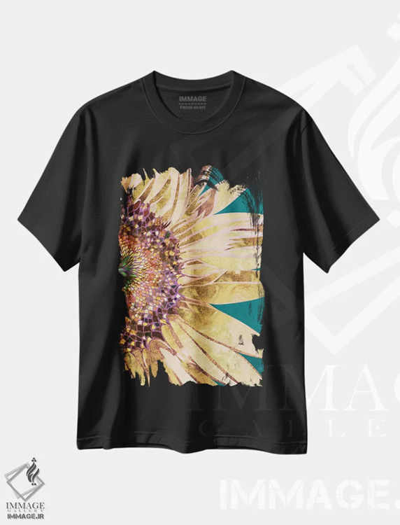 تیشرت مشکی طرح دار – تیشرت گلدار ,آفتابگردان طلایی و سبز اثر سارا مانوفسکی فروشگاه ایماژ