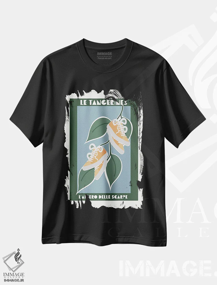 تیشرت مشکی طرح دار – تیشرت مدرن ,درخت کتانی نارنجی اثر سارا مانوفسکی immage.ir