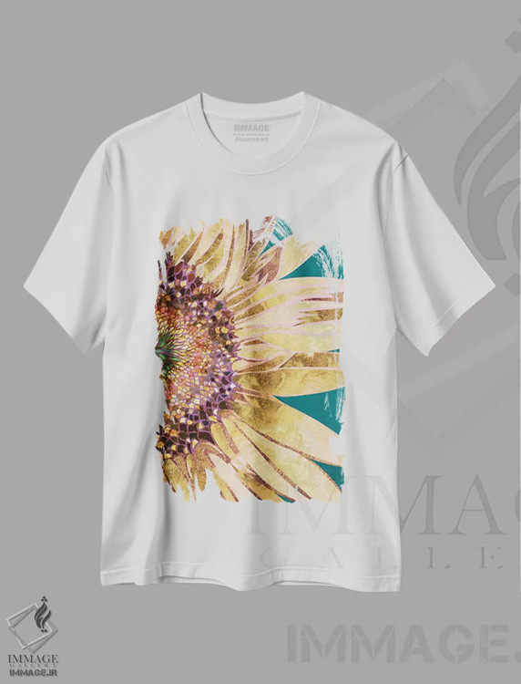 تیشرت سفید طرح دار – تیشرت گلدار ,آفتابگردان طلایی و سبز اثر سارا مانوفسکی immage.ir