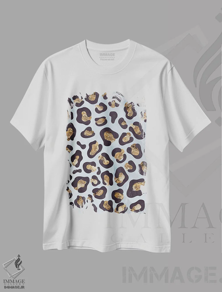 تیشرت سفید طرح دار – تیشرت اسپرت ,نقش پلنگی آبی طلایی اثر سارا مانوفسکی immage.ir