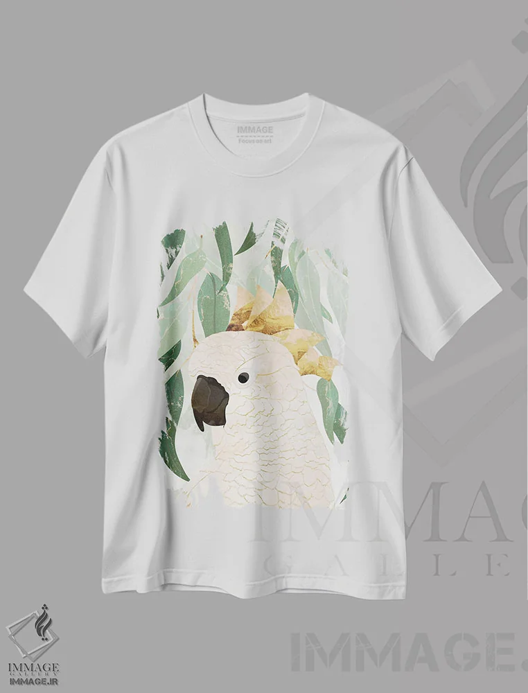 تیشرت سفید طرح دار – تیشرت مینیمال ,طوطی کاکاتو اپرای سیدنی اثر سارا مانوفسکی immage.ir