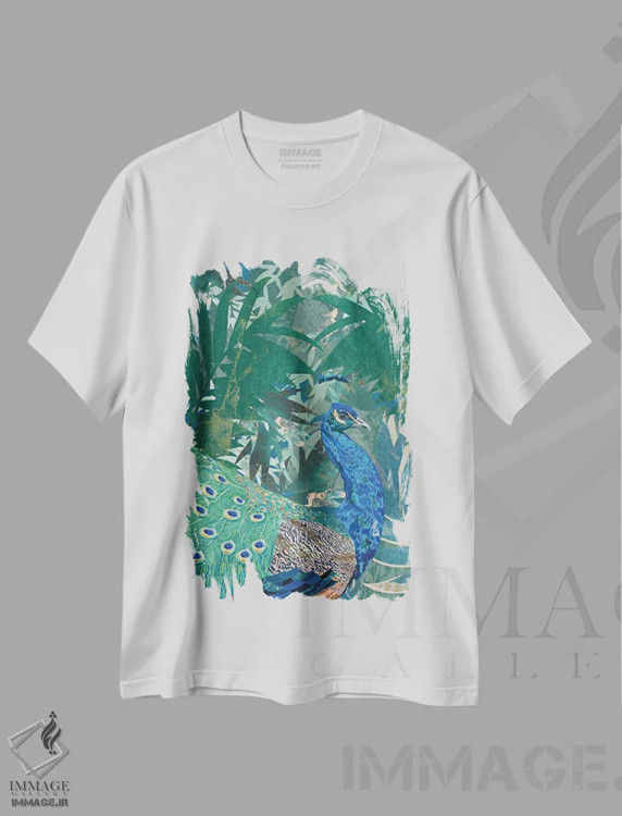 تیشرت سفید طرح دار – تیشرت حیوانات ,طاووس در جنگل اثر سارا مانوفسکی فروشگاه ایماژ