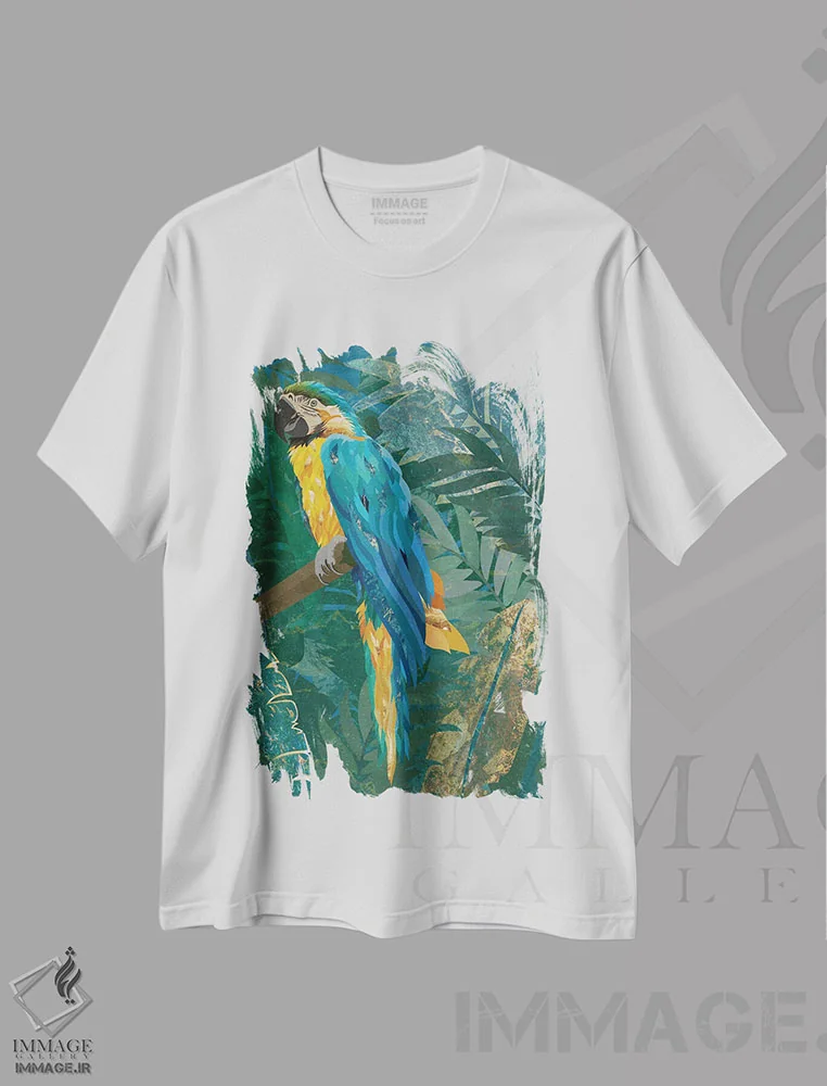 تیشرت سفید طرح دار – تیشرت طبیعت ,طوطی ماکائو در جنگل اثر سارا مانوفسکی immage.ir