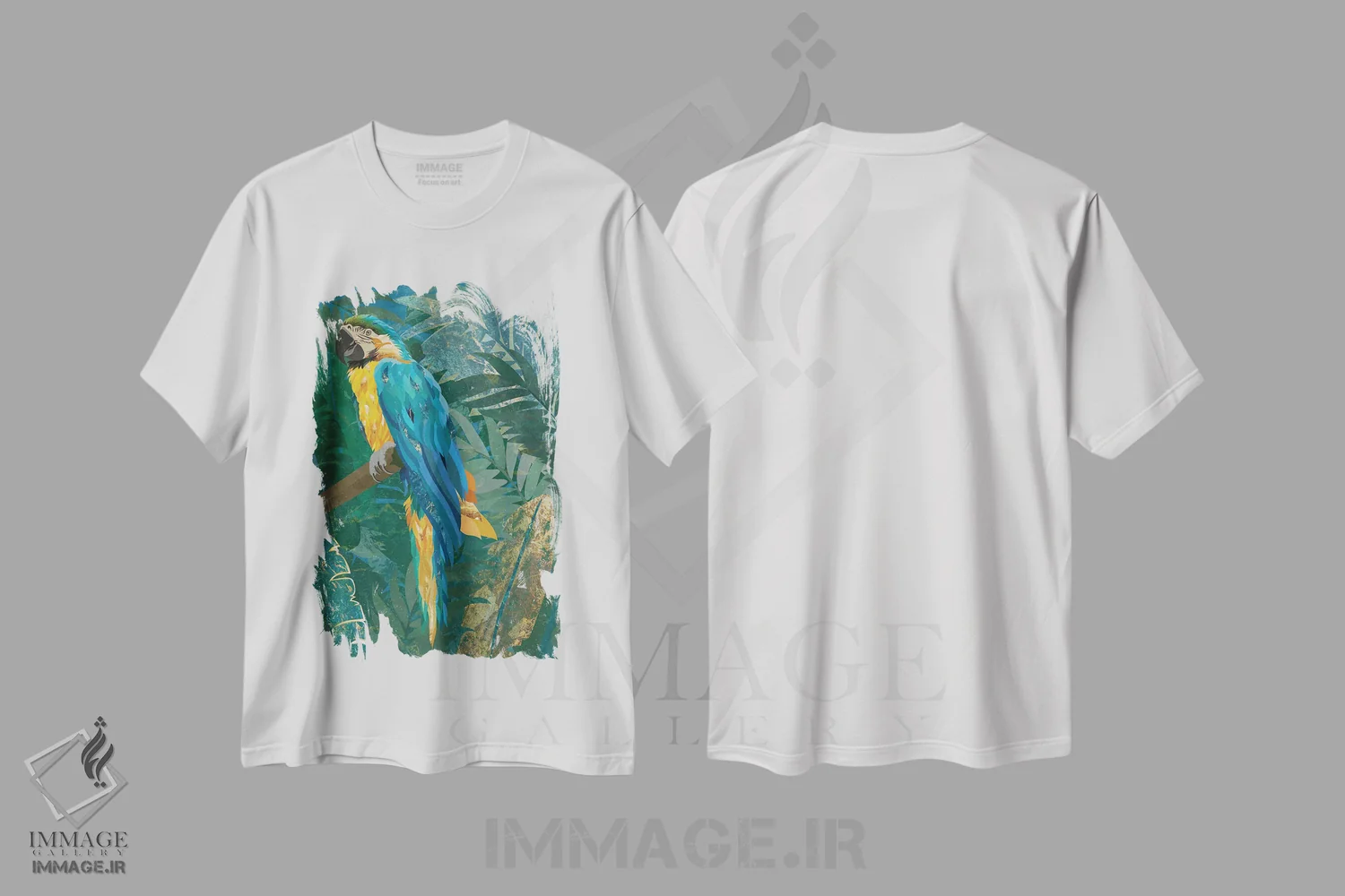 تیشرت سفید طرح دار – تیشرت طبیعت ,طوطی ماکائو در جنگل اثر سارا مانوفسکی immage.ir