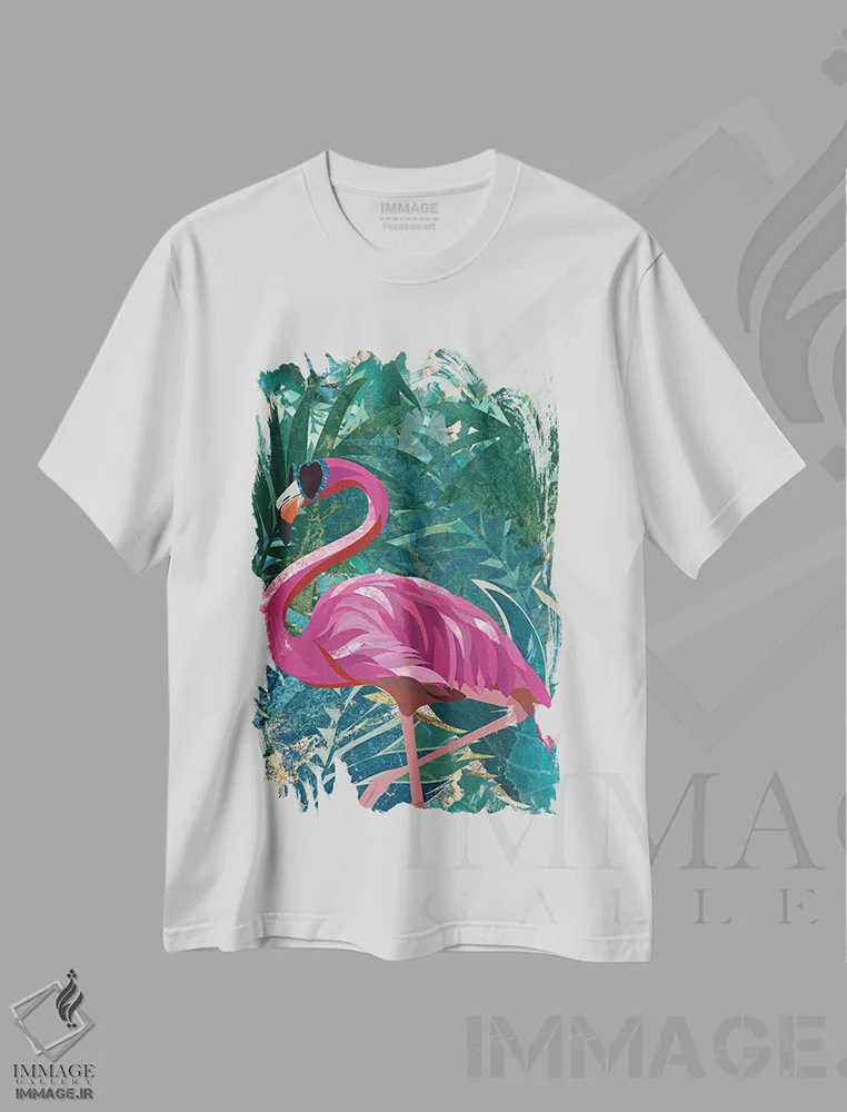 تیشرت سفید طرح دار – تیشرت فلامینگو ,فلامینگو در جنگل بارانی استوایی اثر سارا مانوفسکی فروشگاه ایماژ
