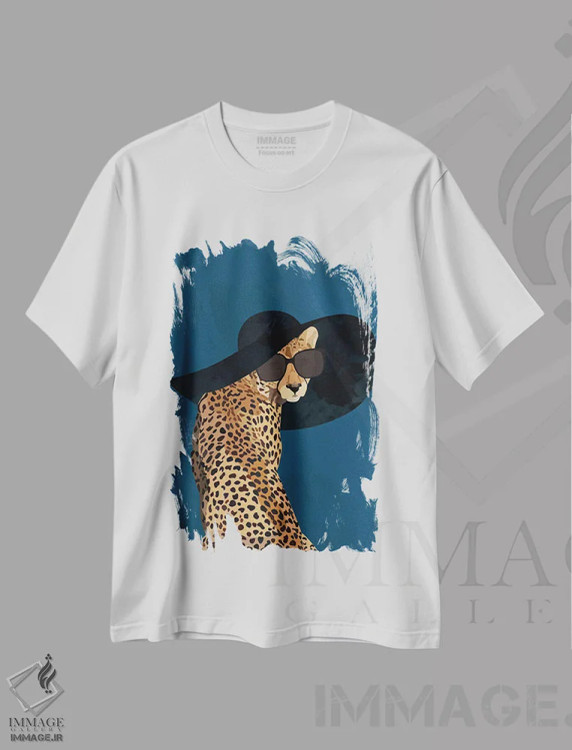 تیشرت سفید طرح دار – تیشرت حیوانات ,یوزپلنگ مدرن با کلاه آفتابی اثر سارا مانوفسکی فروشگاه ایماژ