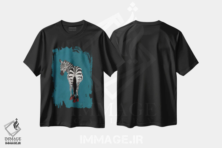 تیشرت مشکی طرح دار – تیشرت طنزی ,گورخر شیک پوش با کفش پاشنه بلند اثر سارا مانوفسکی فروشگاه ایماژ