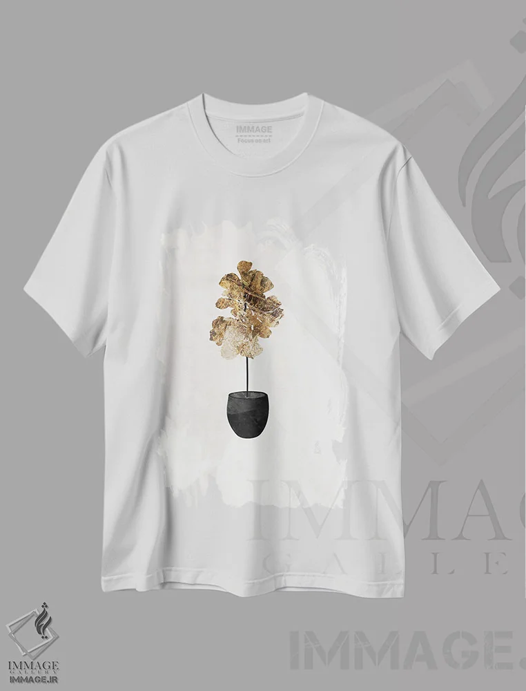 تیشرت سفید طرح دار – تیشرت هنری ,گیاه انجیر فیدل لیف طلایی اثر سارا مانوفسکی فروشگاه ایماژ