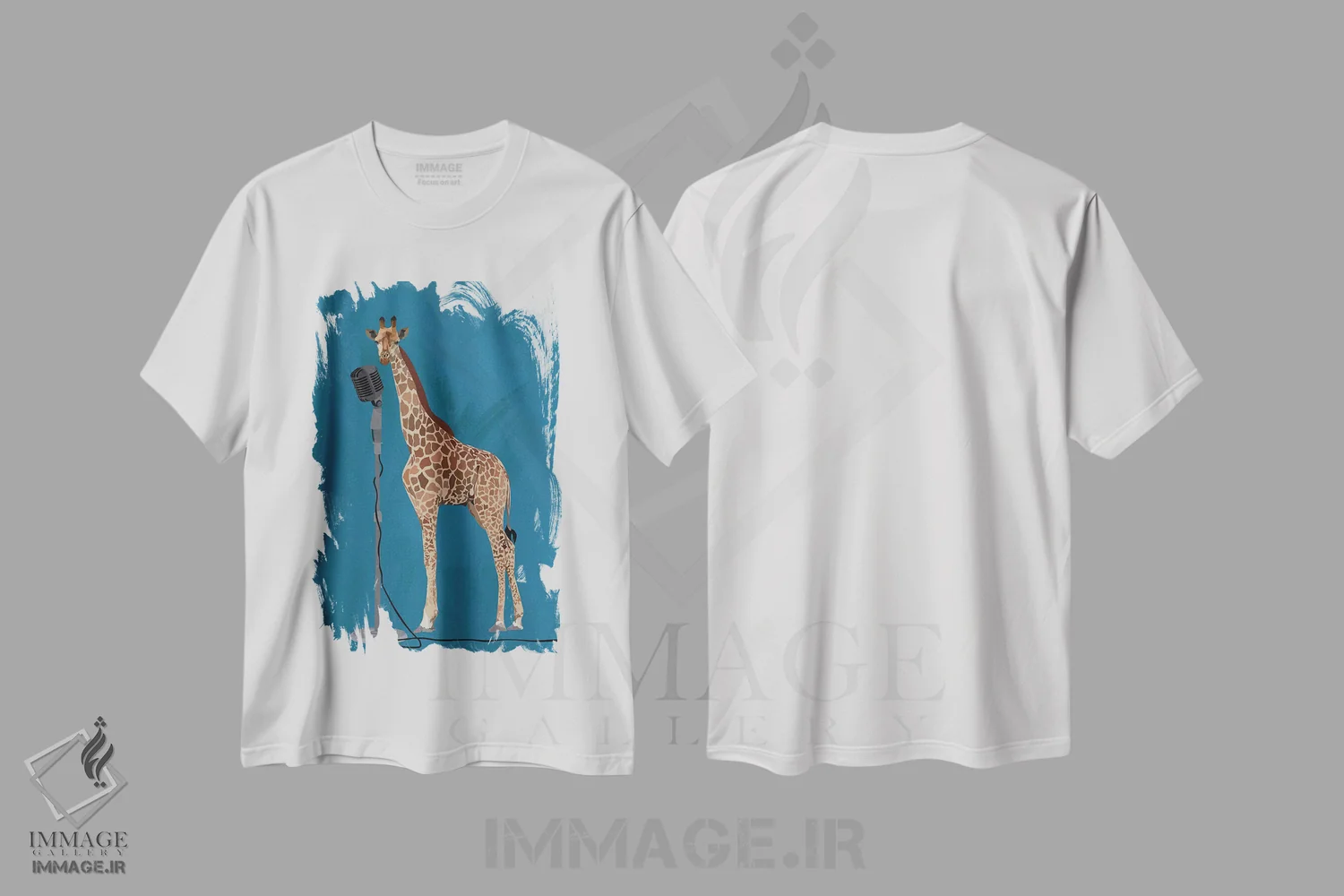 تیشرت سفید طرح دار – تیشرت موسیقی ,زرافه پشت میکروفون اثر سارا مانوفسکی immage.ir