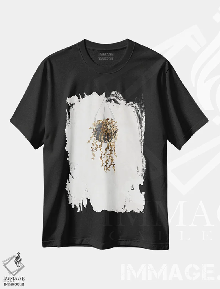 تیشرت مشکی طرح دار – تیشرت گیاهان ,گیاه رشته مروارید طلایی اثر سارا مانوفسکی فروشگاه ایماژ