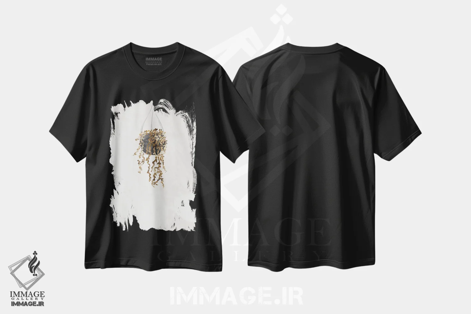تیشرت مشکی طرح دار – تیشرت گیاهان ,گیاه رشته مروارید طلایی اثر سارا مانوفسکی فروشگاه ایماژ