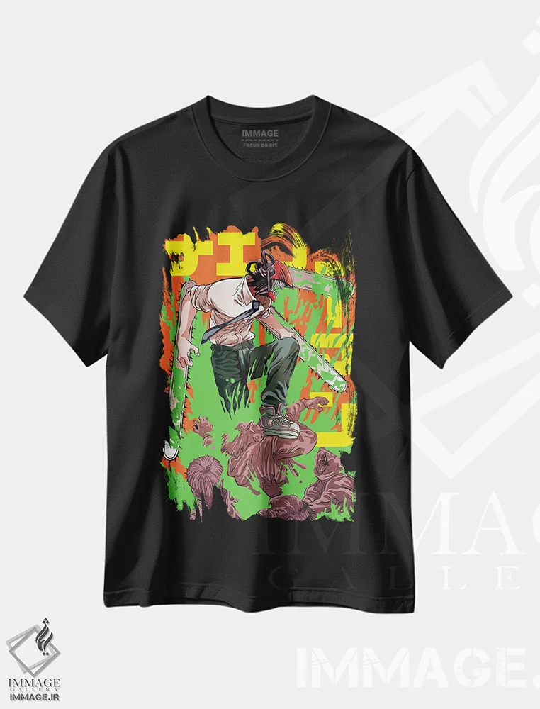 تیشرت مشکی طرح دار – تیشرت انیمه ,چینساو من اثر مونیر وانیاک immage.ir