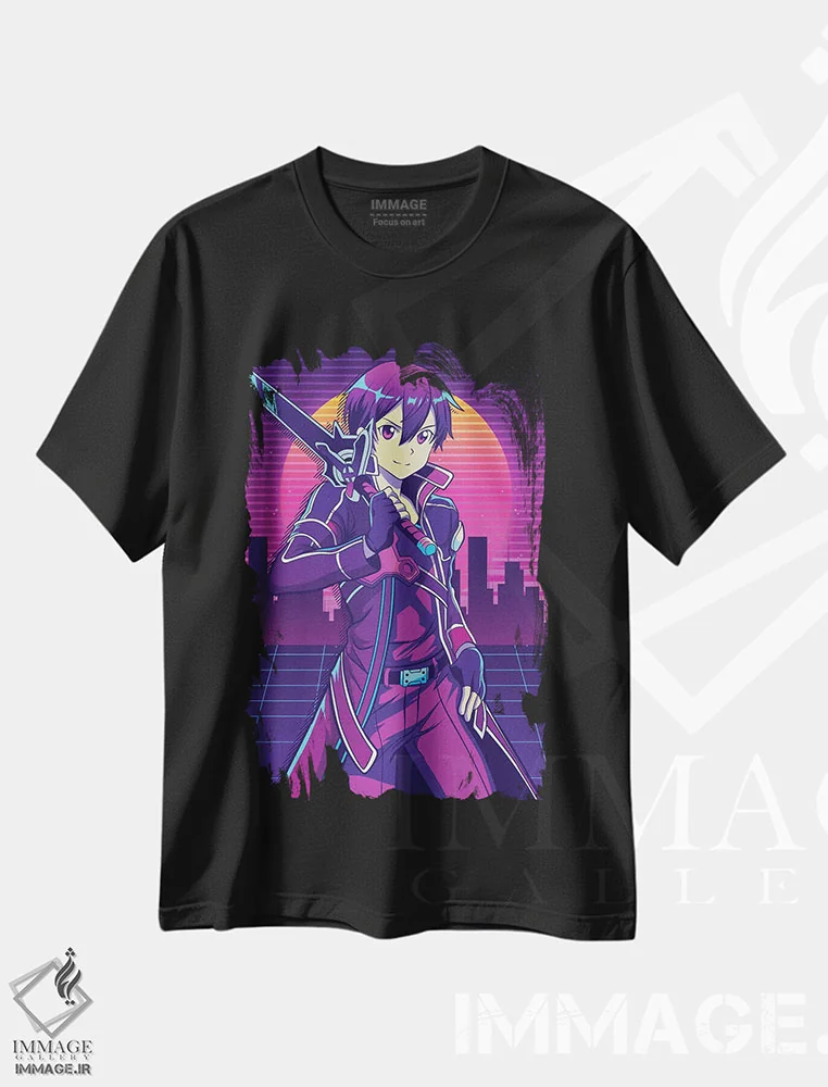 تیشرت مشکی طرح دار – تیشرت انیمه ,هنر شمشیرزنی آنلاین اثر مونیر وانیاک immage.ir