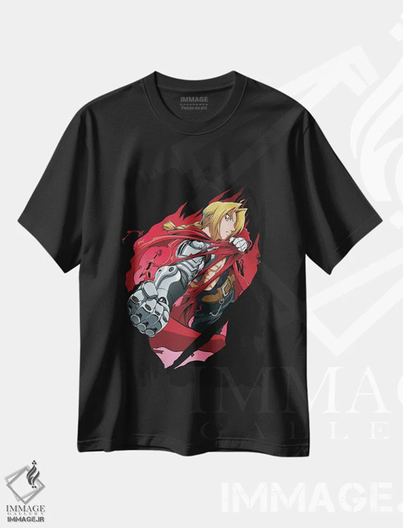 تیشرت مشکی طرح دار – تیشرت انیمه ,کیمیاگر تمام فلزی اثر مونیر وانیاک فروشگاه ایماژ