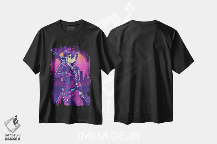 تیشرت مشکی طرح دار – تیشرت انیمه ,هنر شمشیرزنی آنلاین اثر مونیر وانیاک immage.ir