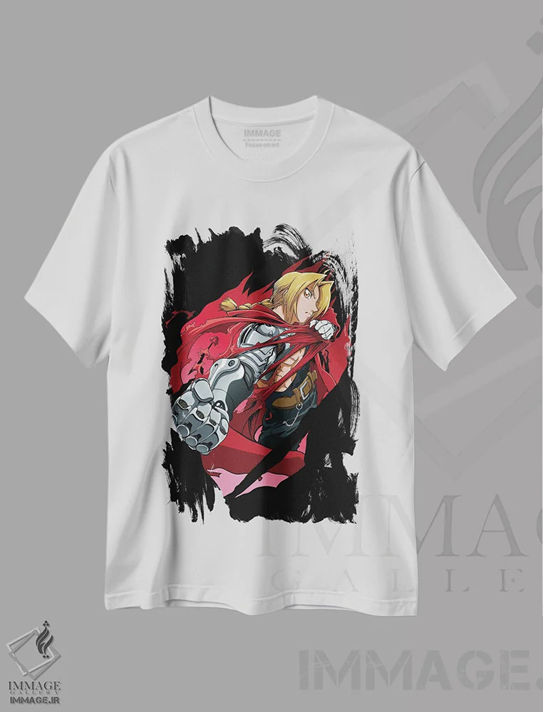 تیشرت سفید طرح دار – تیشرت انیمه ,کیمیاگر تمام فلزی اثر مونیر وانیاک immage.ir