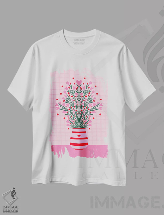 تیشرت سفید طرح دار – تیشرت هنری ,دسته گل قلبی در گلدان اثر آنجلا مینکا فروشگاه ایماژ