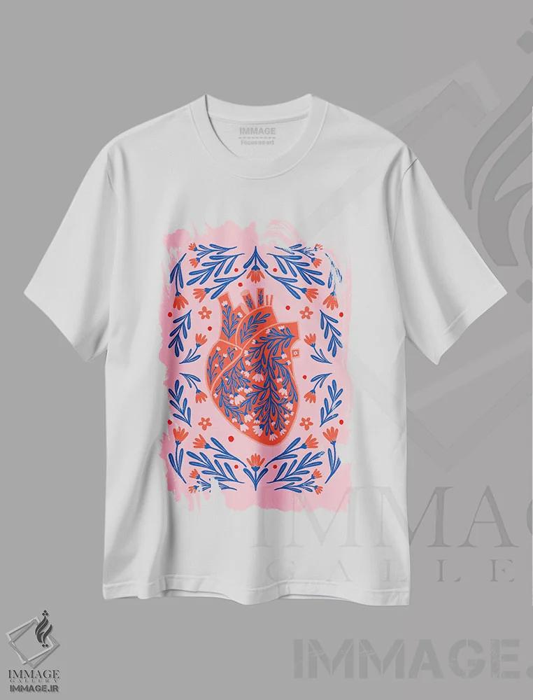 تیشرت سفید طرح دار – تیشرت هنری ,قلب آناتومیک گلدار اثر آنجلا مینکا فروشگاه ایماژ