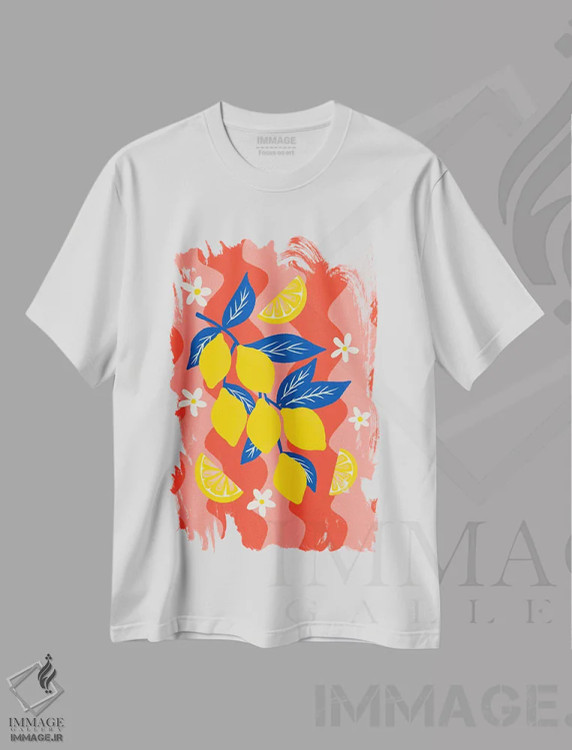 تیشرت سفید طرح دار – تیشرت هنری ,شاخه لیمو با زمینه موج دار اثر آنجلا مینکا immage.ir