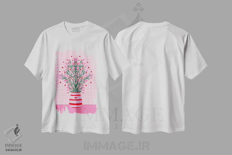 تیشرت سفید طرح دار – تیشرت هنری ,دسته گل قلبی در گلدان اثر آنجلا مینکا فروشگاه ایماژ