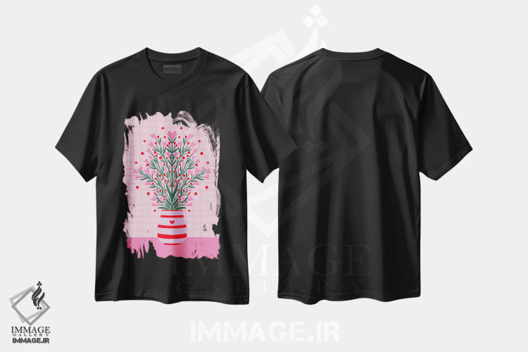 تیشرت مشکی طرح دار – تیشرت هنری ,دسته گل قلبی در گلدان اثر آنجلا مینکا immage.ir