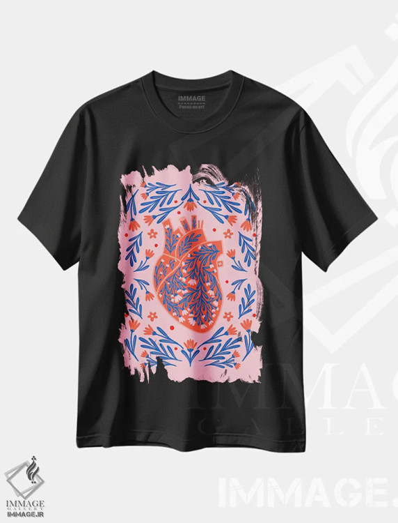 تیشرت مشکی طرح دار – تیشرت هنری ,قلب آناتومیک گلدار اثر آنجلا مینکا immage.ir