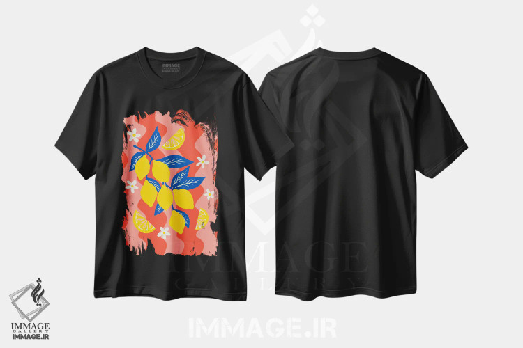 تیشرت مشکی طرح دار – تیشرت هنری ,شاخه لیمو با زمینه موج دار اثر آنجلا مینکا فروشگاه ایماژ
