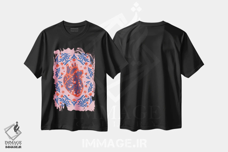 تیشرت مشکی طرح دار – تیشرت هنری ,قلب آناتومیک گلدار اثر آنجلا مینکا immage.ir