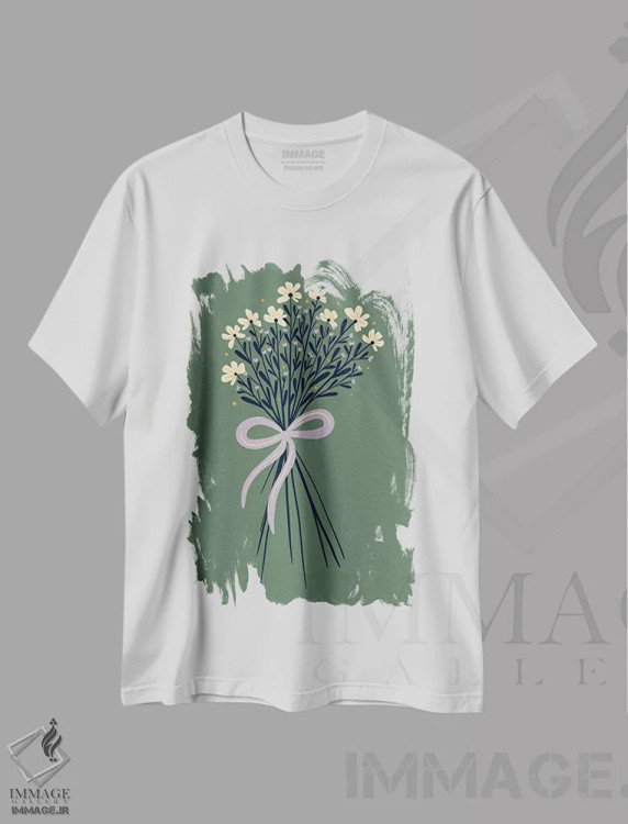 تیشرت سفید طرح دار – تیشرت فانتزی ,دسته گل تزئینی با روبان اثر آنجلا مینکا immage.ir