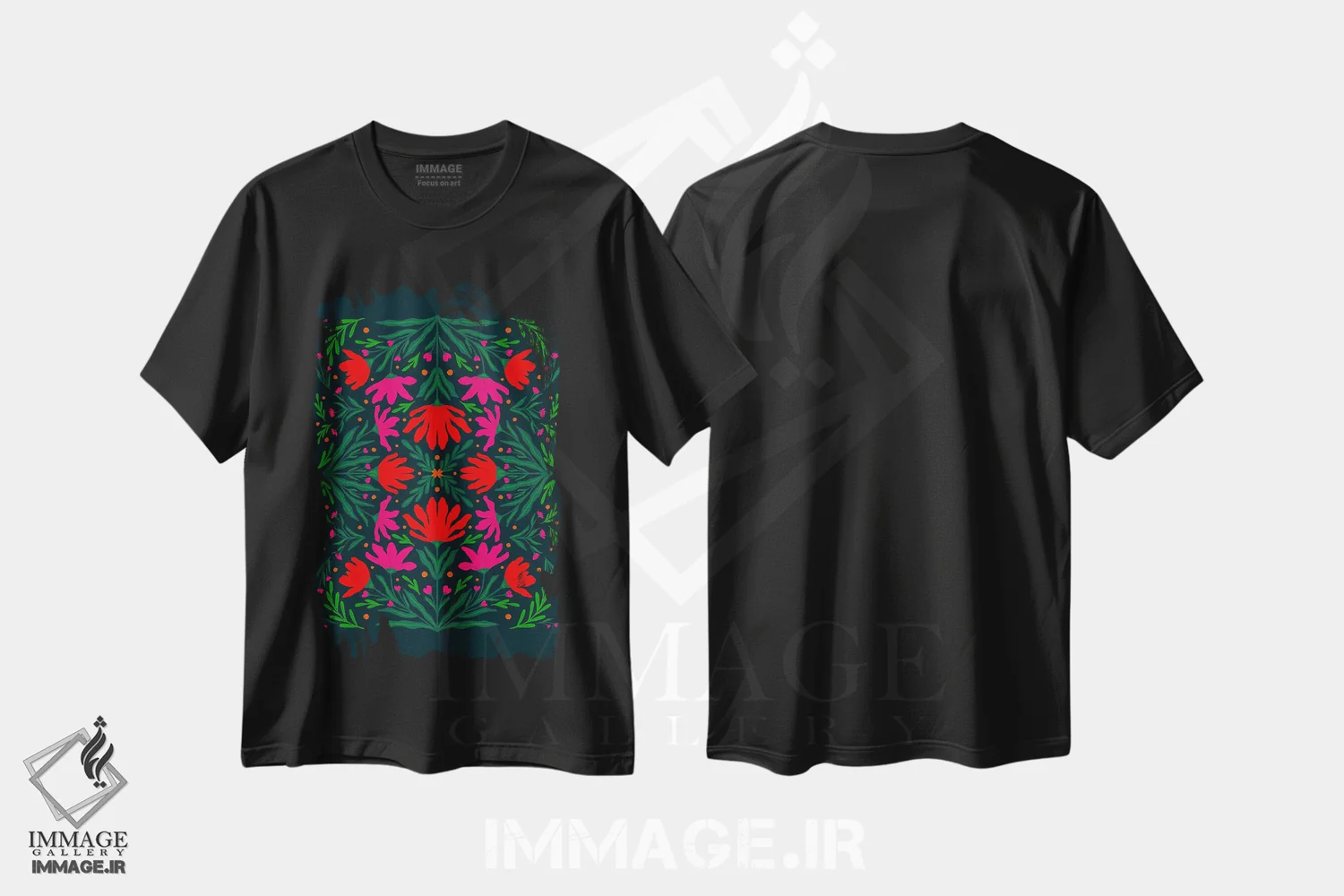 تیشرت مشکی طرح دار – تیشرت هنری ,گل های صورتی و قرمز برجسته اثر آنجلا مینکا immage.ir