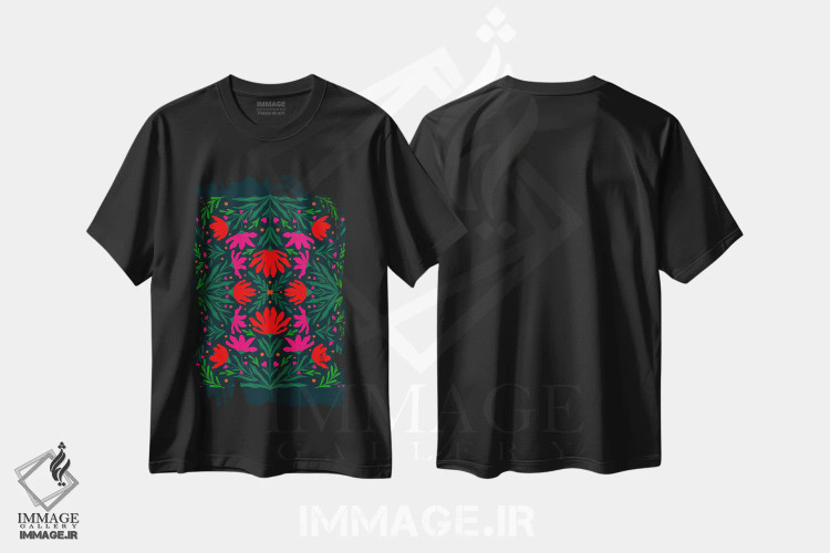 تیشرت مشکی طرح دار – تیشرت هنری ,گل های صورتی و قرمز برجسته اثر آنجلا مینکا immage.ir