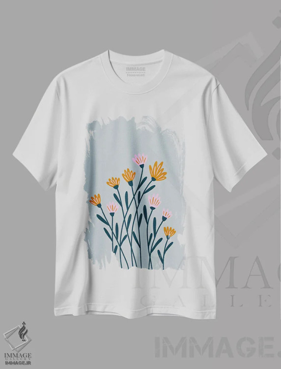 تیشرت سفید طرح دار – تیشرت گل ,گل های نارنجی و صورتی اثر آنجلا مینکا فروشگاه ایماژ