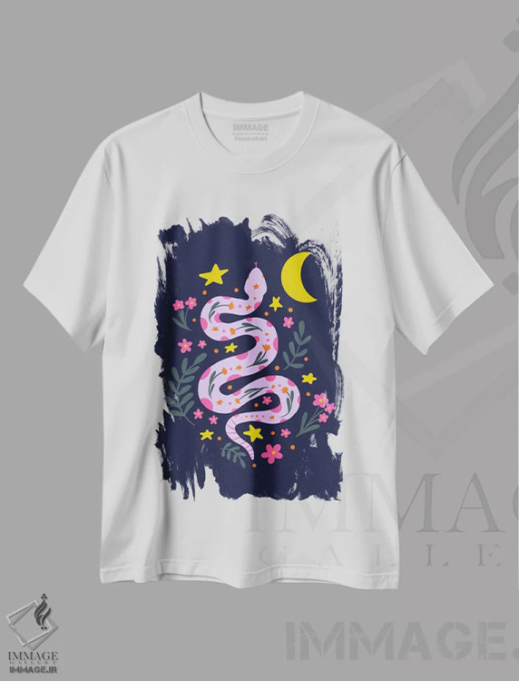 تیشرت سفید طرح دار – تیشرت انتزاعی ,مار ماه نما اثر آنجلا مینکا immage.ir