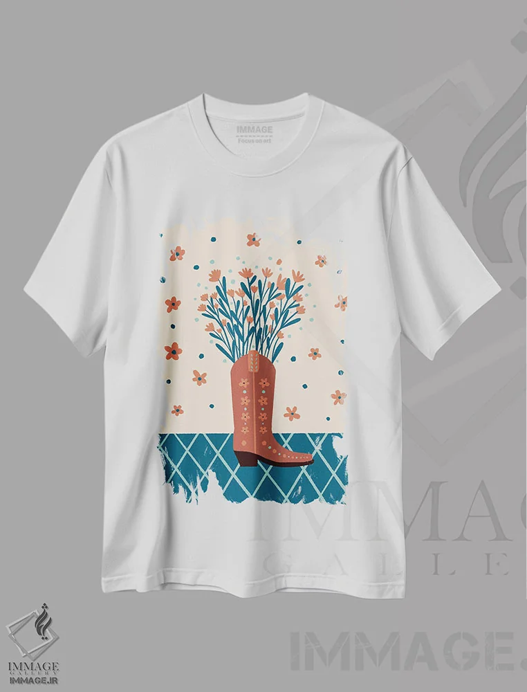 تیشرت سفید طرح دار – تیشرت مد غربی ,چکمهٔ کابویی با گل ها اثر آنجلا مینکا immage.ir
