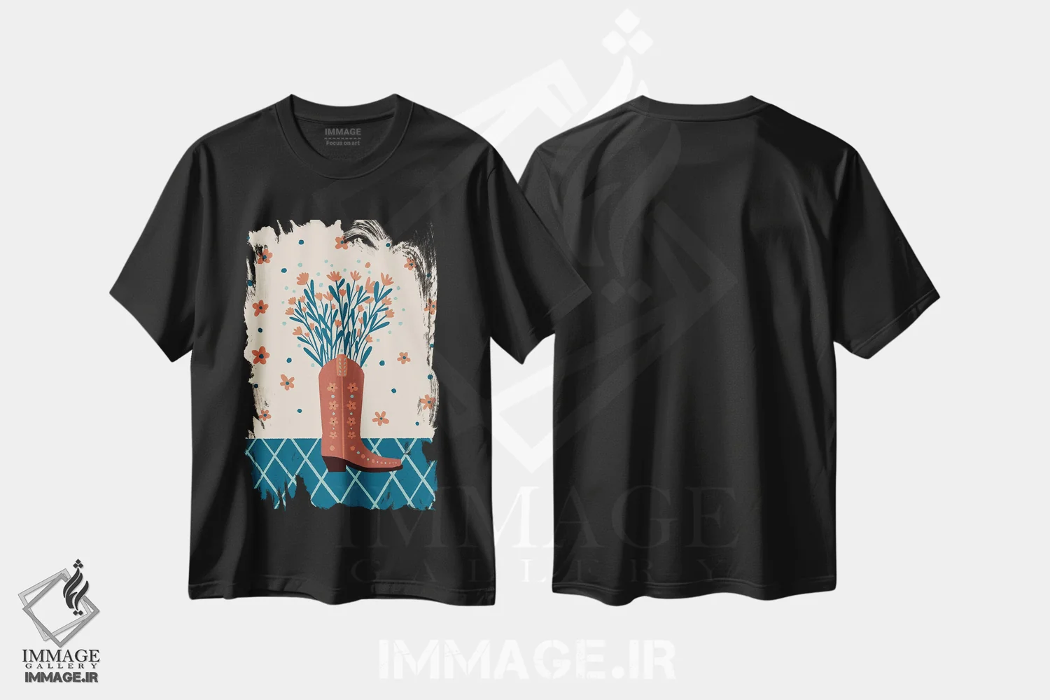 تیشرت مشکی طرح دار – تیشرت مد غربی ,چکمهٔ کابویی با گل ها اثر آنجلا مینکا فروشگاه ایماژ