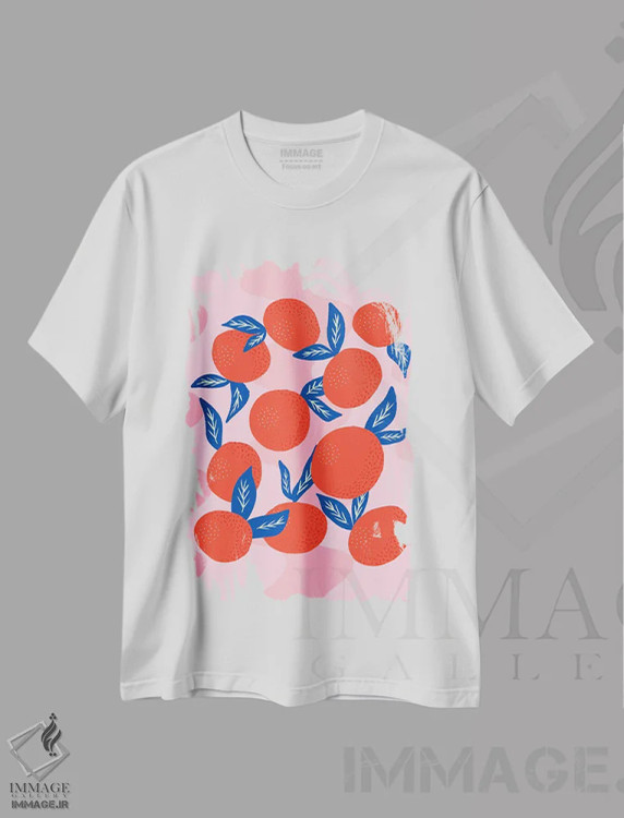 تیشرت سفید طرح دار – تیشرت رنگارنگ ,نارنگی های رنگارنگ اثر آنجلا مینکا immage.ir