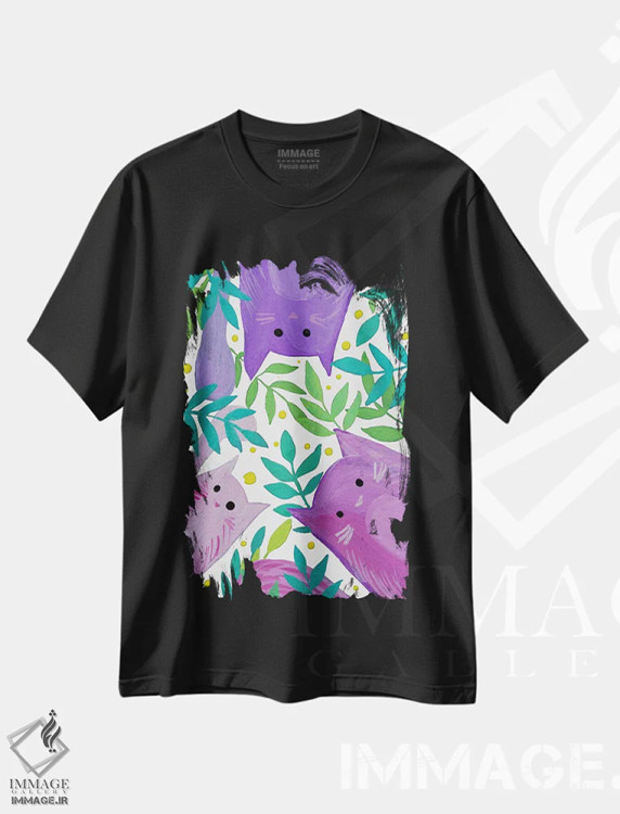 تیشرت مشکی طرح دار – تیشرت حیوانات ,گربه های بنفش میان شاخه ها اثر آنجلا مینکا فروشگاه ایماژ
