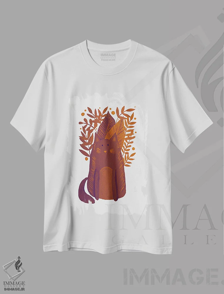 تیشرت سفید طرح دار – تیشرت حیوانات ,گربهٔ قهوه ای با شاخه ها اثر آنجلا مینکا فروشگاه ایماژ