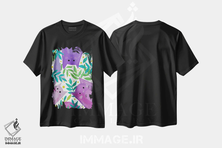 تیشرت مشکی طرح دار – تیشرت حیوانات ,گربه های بنفش میان شاخه ها اثر آنجلا مینکا فروشگاه ایماژ