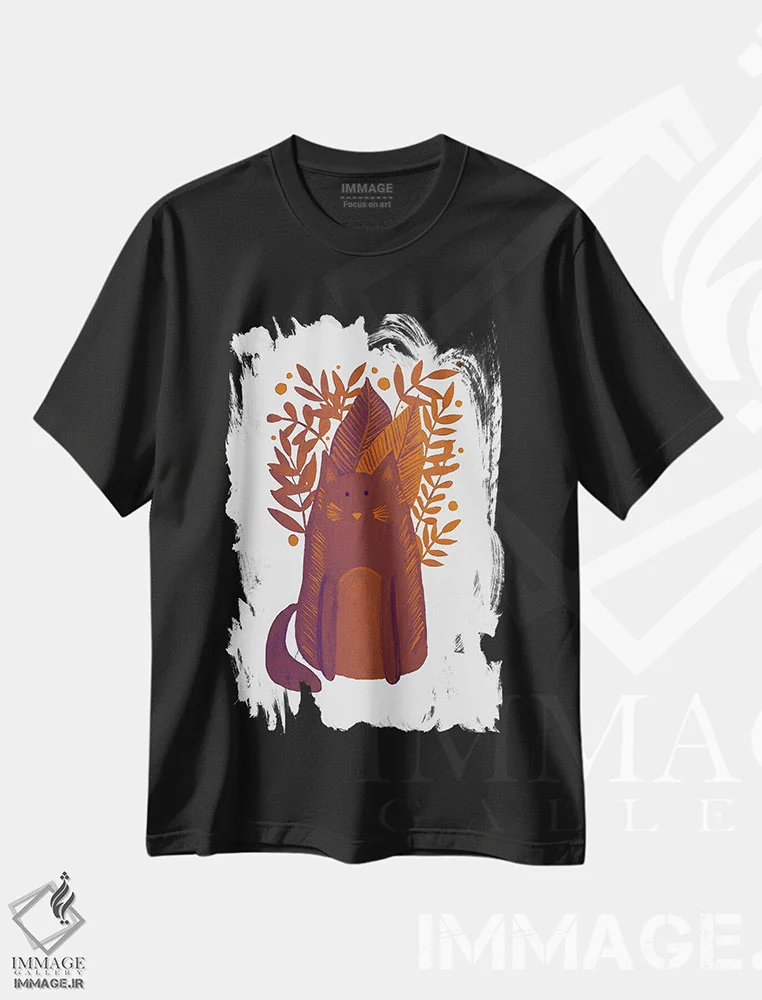 تیشرت مشکی طرح دار – تیشرت حیوانات ,گربهٔ قهوه ای با شاخه ها اثر آنجلا مینکا immage.ir