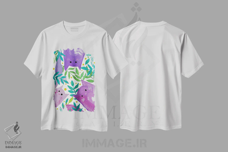 تیشرت سفید طرح دار – تیشرت حیوانات ,گربه های بنفش میان شاخه ها اثر آنجلا مینکا immage.ir