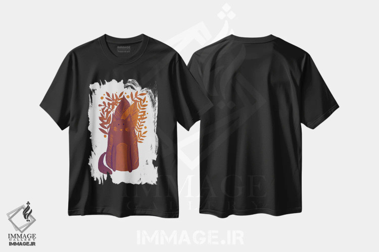 تیشرت مشکی طرح دار – تیشرت حیوانات ,گربهٔ قهوه ای با شاخه ها اثر آنجلا مینکا immage.ir