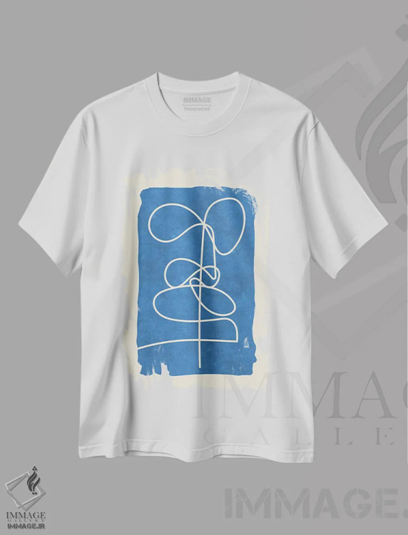 تیشرت سفید طرح دار – تیشرت مینیمالیستی ,خطوط پیچیده روی آبی اثر ماکسیمیلیانو کاسال immage.ir