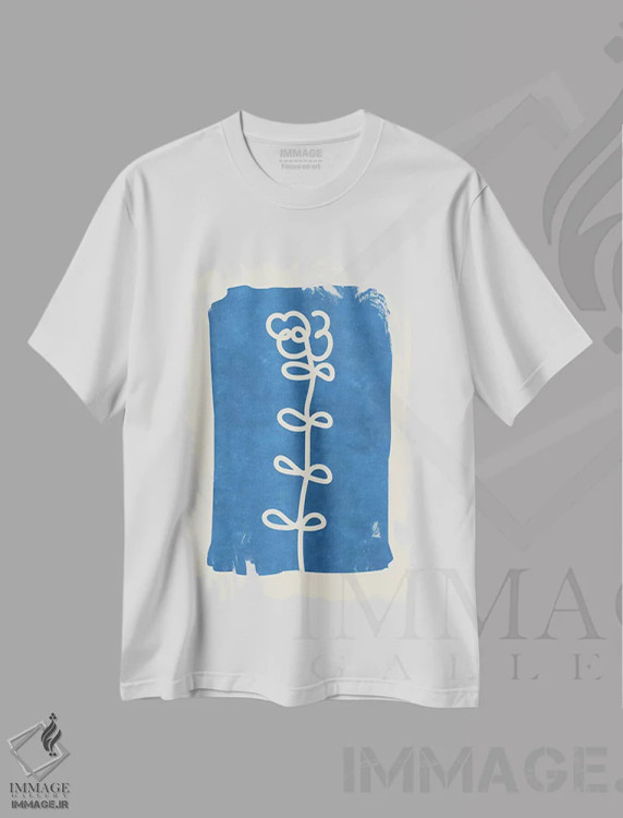 تیشرت سفید طرح دار – تیشرت مینیمالیستی ,خطوط پیچیده روی آبی اثر ماکسیمیلیانو کاسال immage.ir